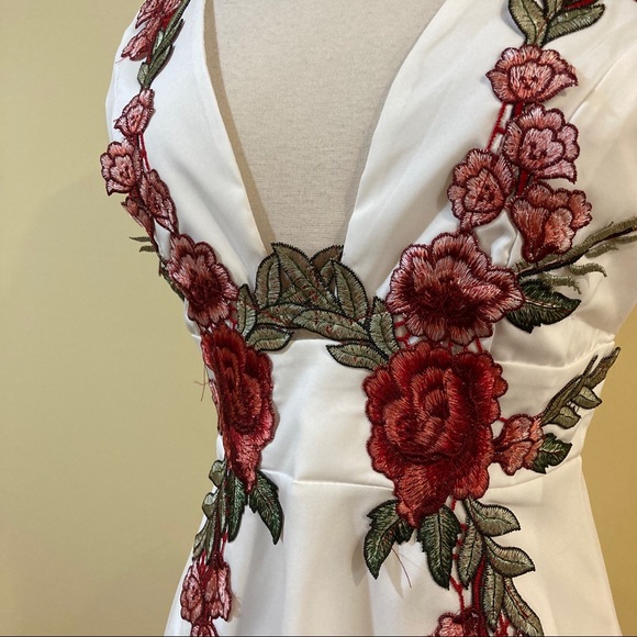 Rose Floral Embroidered Plunging V Skater Dress - Picture 6 of 10